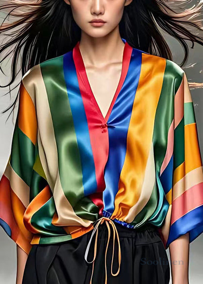 Striped V Neck Lace Up Silk Shirt Half Sleeve