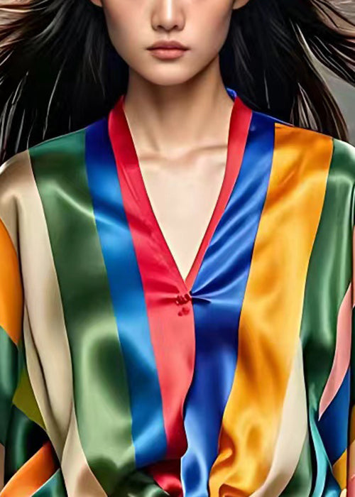 Striped V Neck Lace Up Silk Shirt Half Sleeve