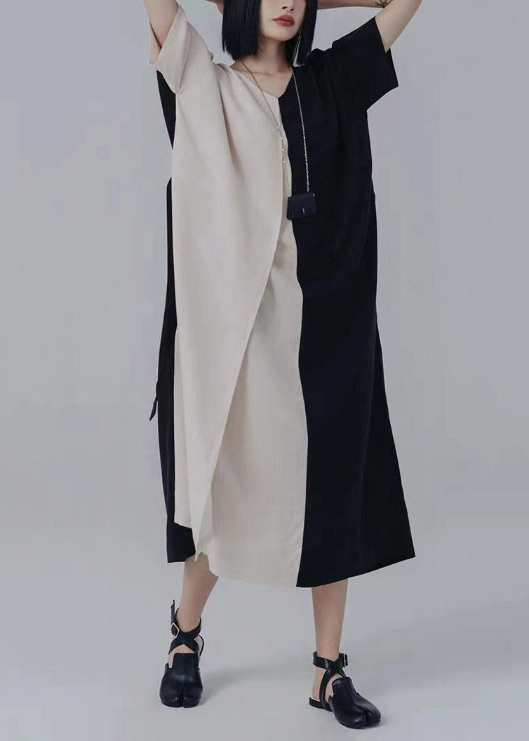 V Neck Asymmetrical Patchwork Tie Waist Long Dresses Summer
