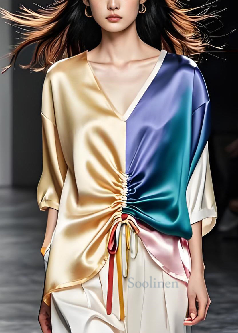 V Neck Cinched Patchwork Loose Silk Tops Summer