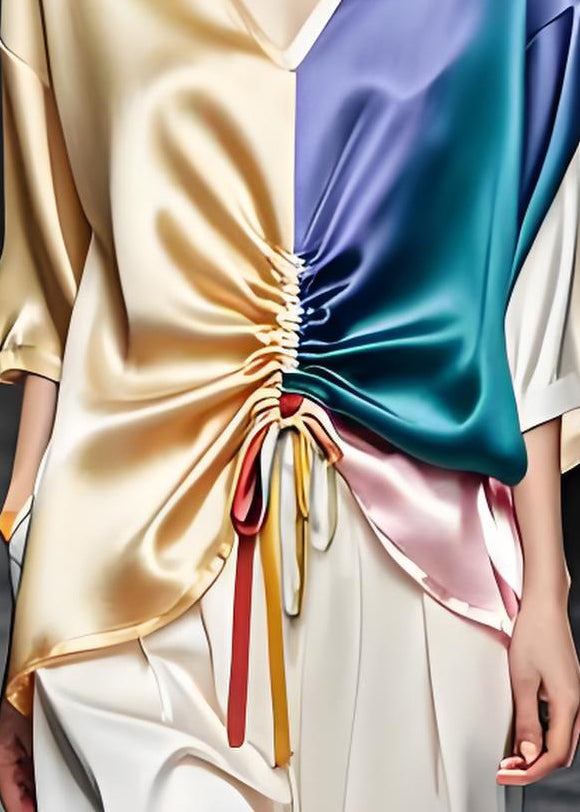 V Neck Cinched Patchwork Loose Silk Tops Summer