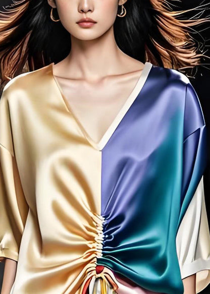 V Neck Cinched Patchwork Loose Silk Tops Summer