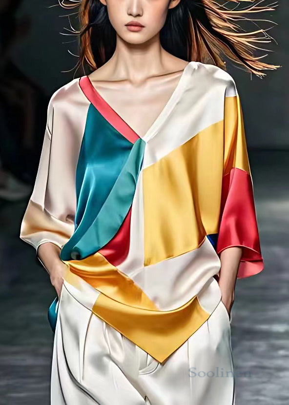 V Neck Patchwork Silk Tops Bracelet Sleeve
