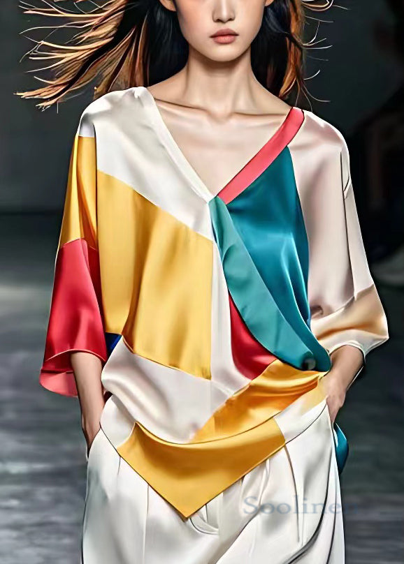 V Neck Patchwork Silk Tops Bracelet Sleeve
