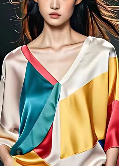 V Neck Patchwork Silk Tops Bracelet Sleeve