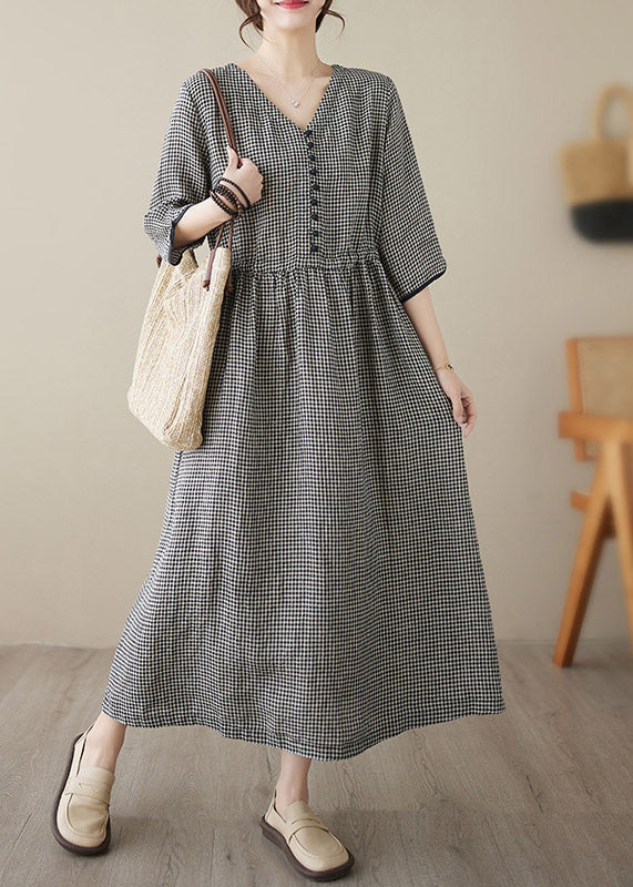 Purple V Neck Plaid Patchwork Button Linen Maxi Dresses Summer