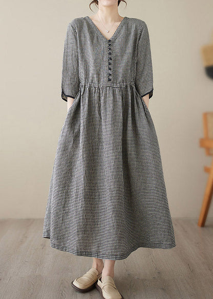Purple V Neck Plaid Patchwork Button Linen Maxi Dresses Summer