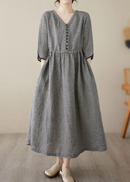 Green V Neck Plaid Patchwork Button Linen Maxi Dresses Summer