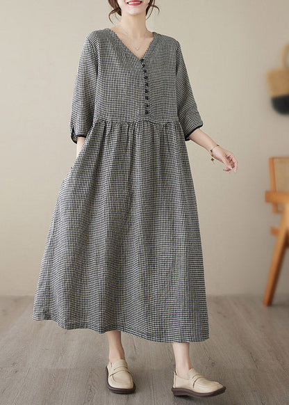 Dark Blue V Neck Plaid Patchwork Button Linen Maxi Dresses Summer