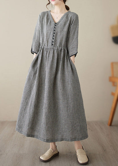V Neck Plaid Patchwork Button Linen Maxi Dresses Summer