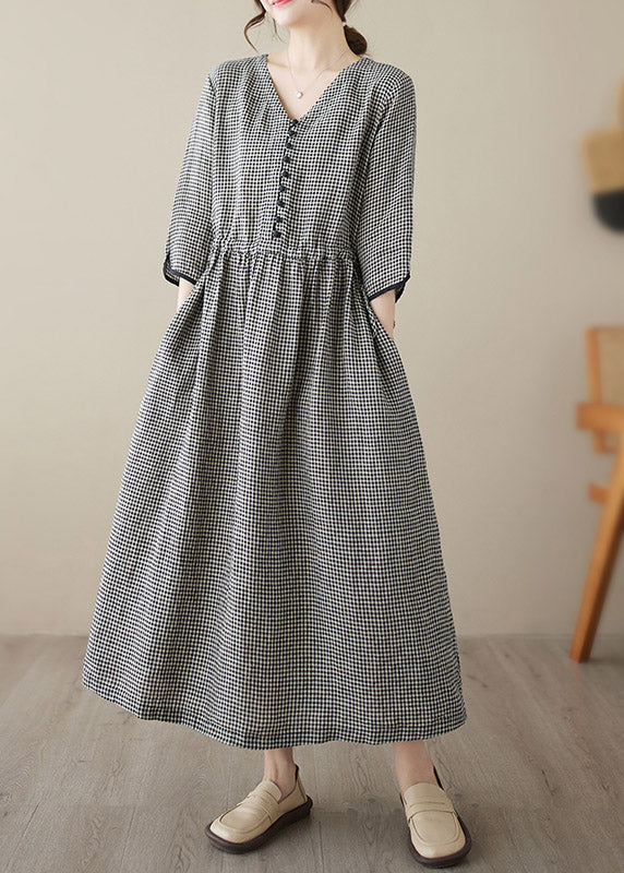 Purple V Neck Plaid Patchwork Button Linen Maxi Dresses Summer