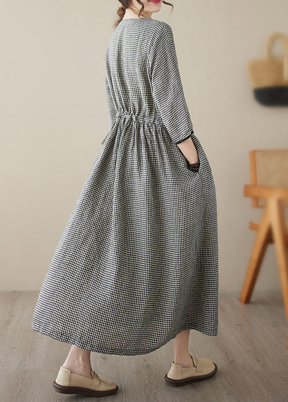 Dark Blue V Neck Plaid Patchwork Button Linen Maxi Dresses Summer