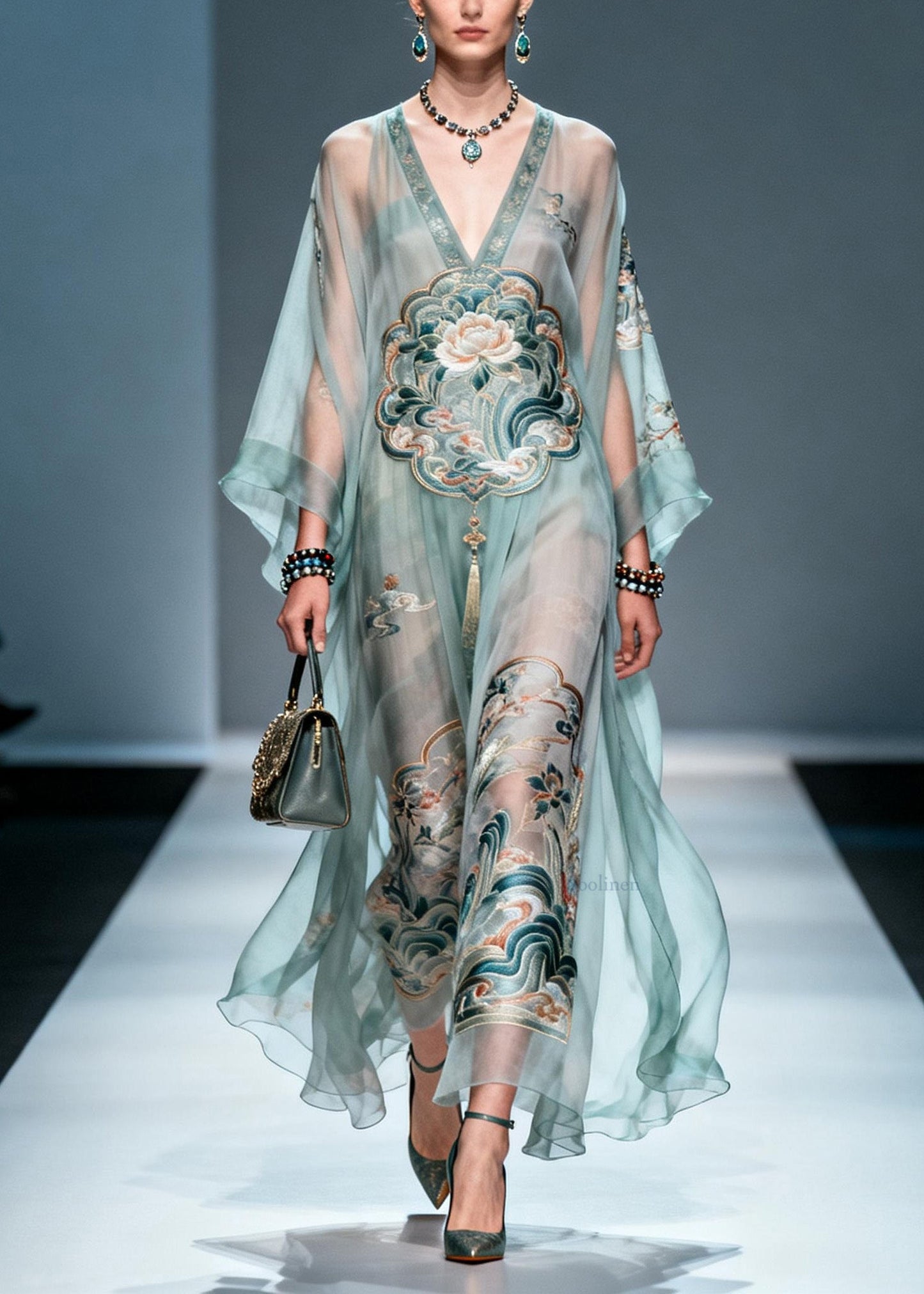 V Neck Print Loose Chiffon Long Dress Spring