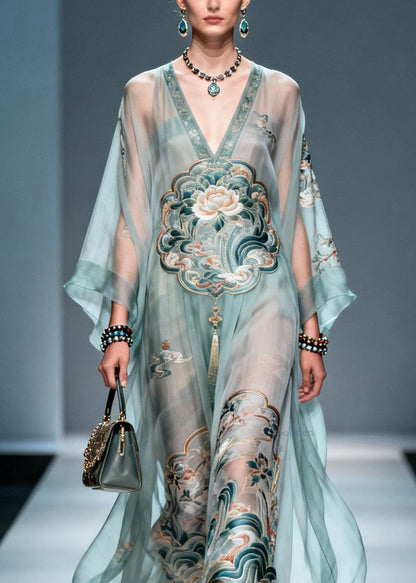V Neck Print Loose Chiffon Long Dress Spring