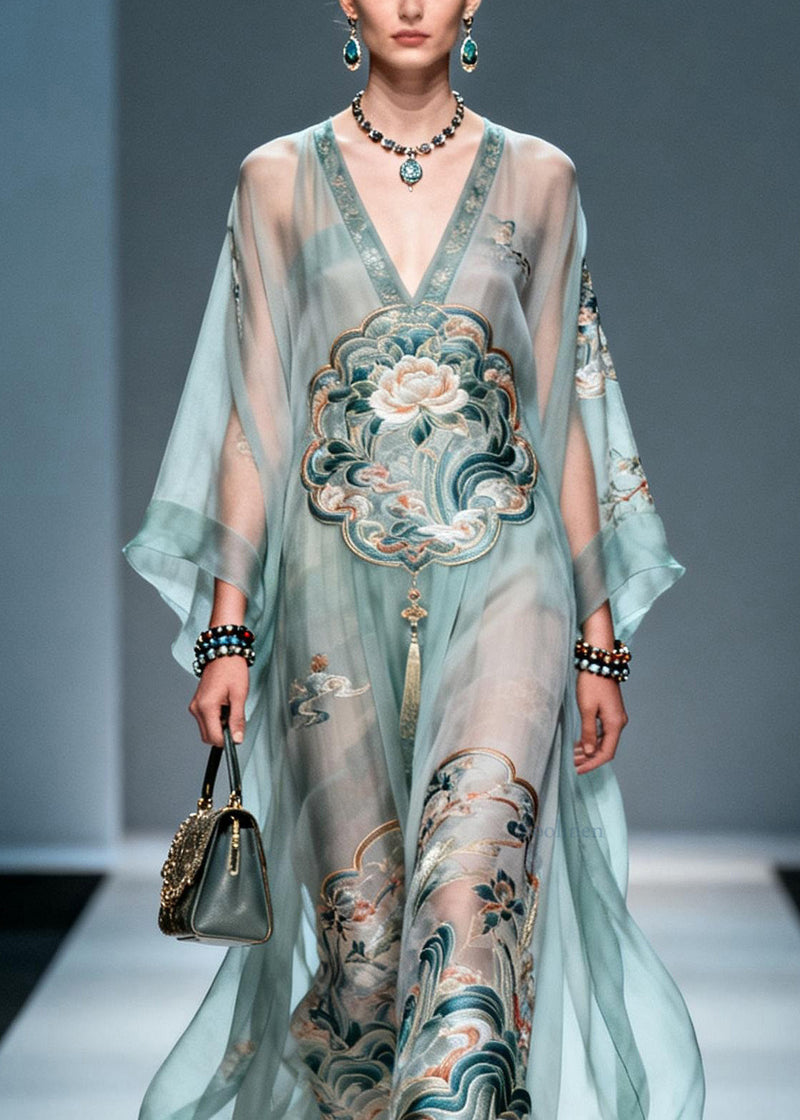 V Neck Print Loose Chiffon Long Dress Spring