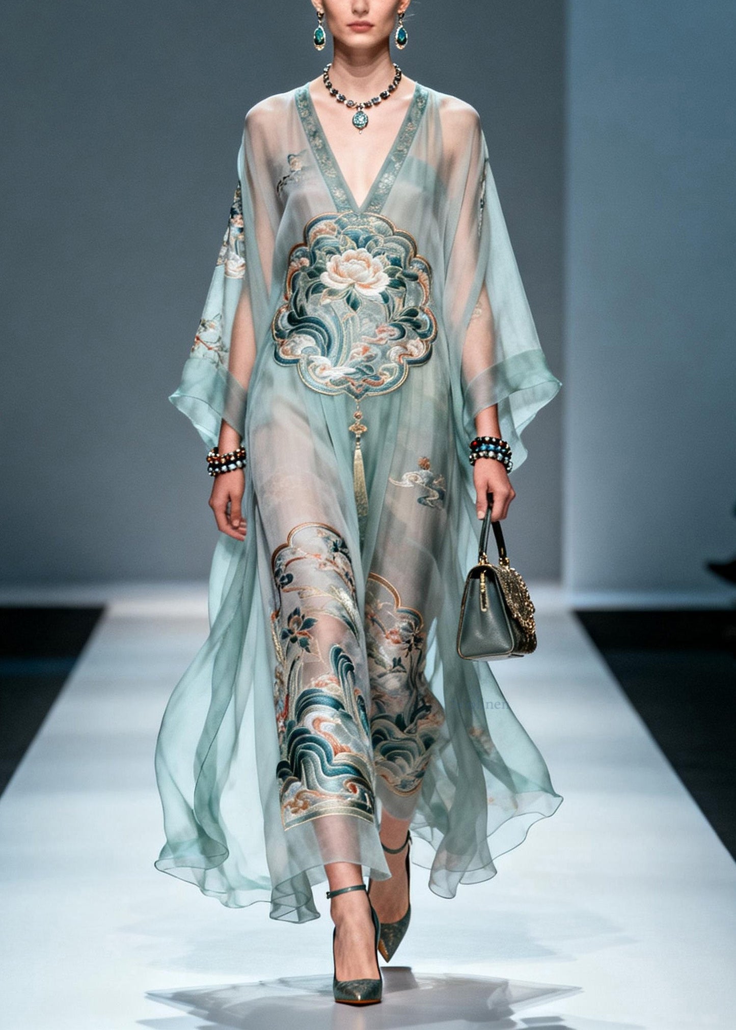 V Neck Print Loose Chiffon Long Dress Spring
