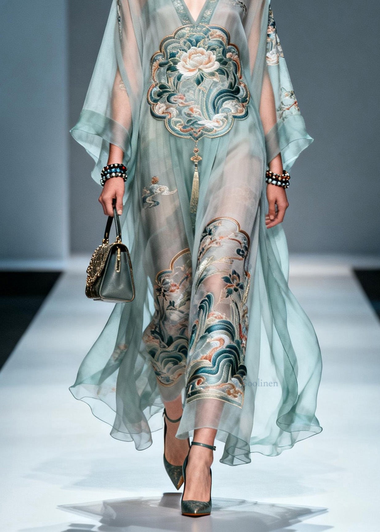 V Neck Print Loose Chiffon Long Dress Spring