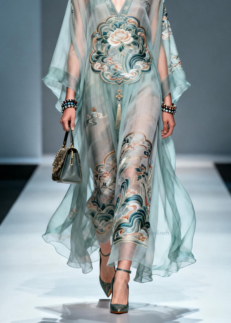 V Neck Print Loose Chiffon Long Dress Spring