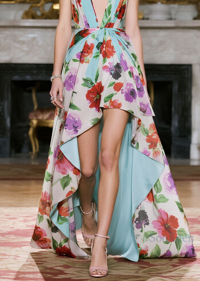 V Neck Print Low High Design Chiffon Spaghetti Strap Dress Summer