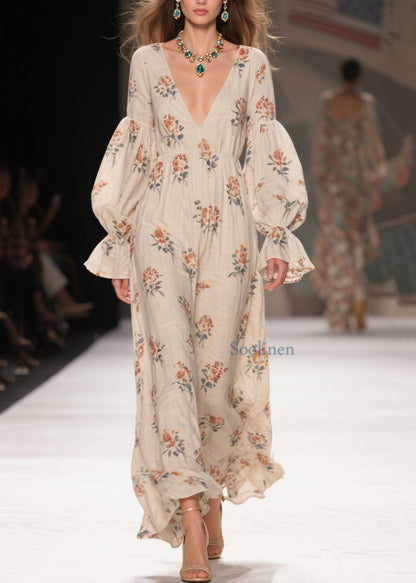 V Neck Print Patchwork Cotton Long Dresses Spring