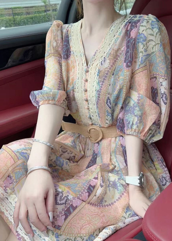 V Neck Print Sashes Mid Dress Half Sleeve