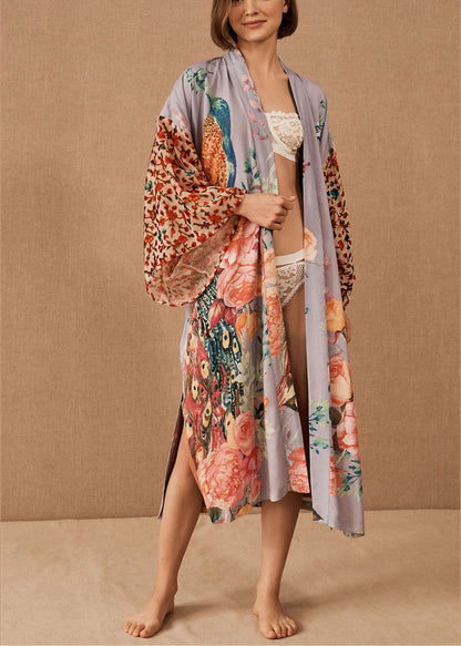 V Neck Print Side Open Tie Waist Maxi Beach Cardigans Long Sleeve