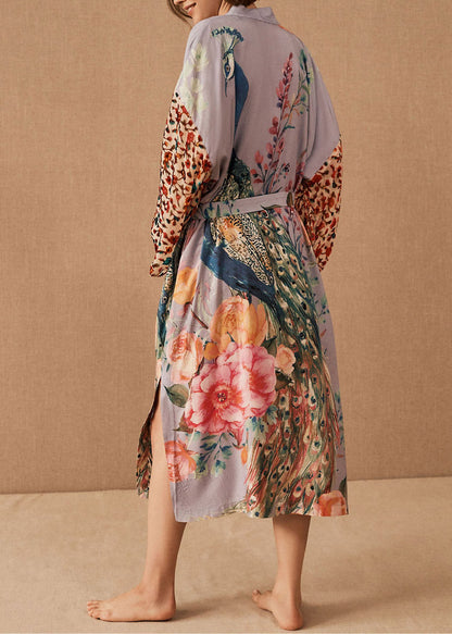 V Neck Print Side Open Tie Waist Maxi Beach Cardigans Long Sleeve
