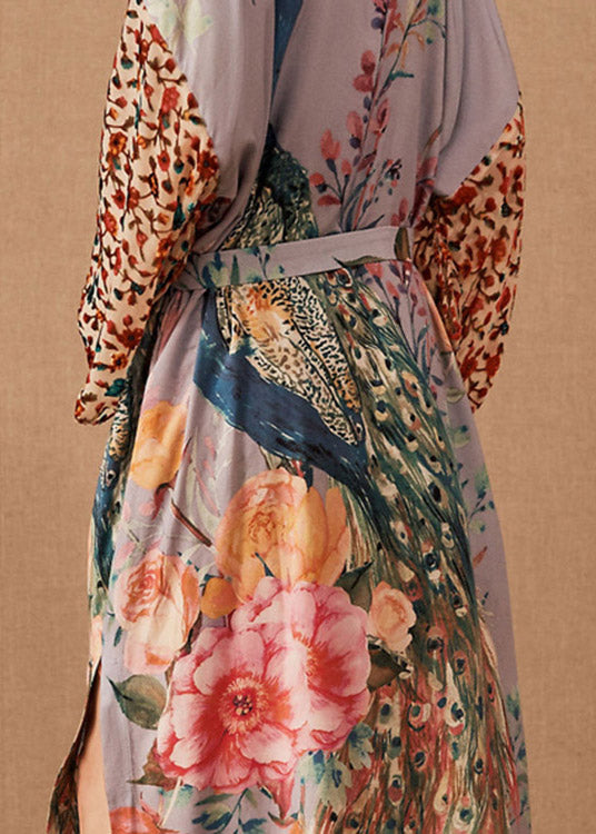 V Neck Print Side Open Tie Waist Maxi Beach Cardigans Long Sleeve