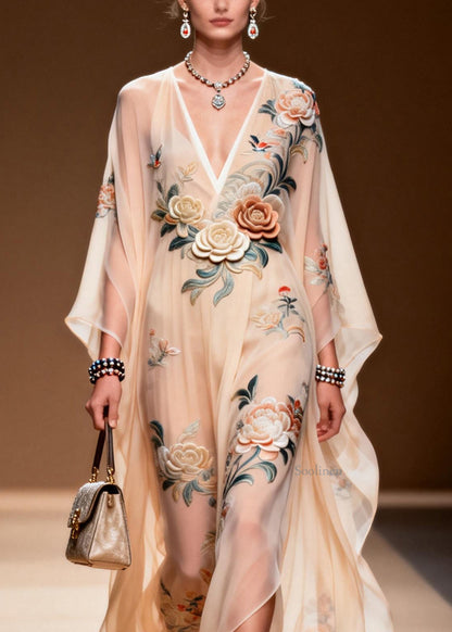 V Neck Print Wrinkled Chiffon Maxi Dresses Spring