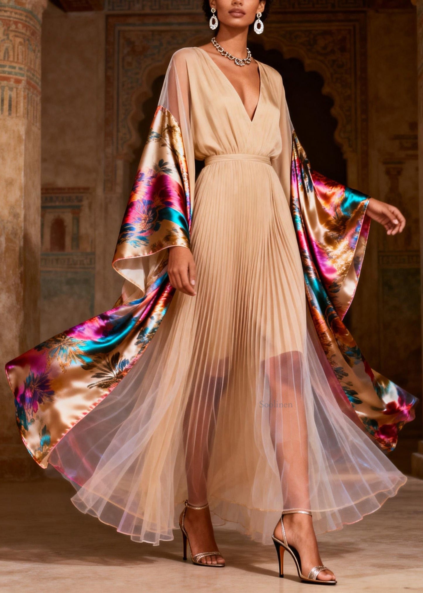 V Neck Print Wrinkled Patchwork Silk Dress Spring