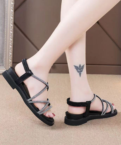 Versatile Black Hollow Out Peep Toe Zircon Walking Sandals
