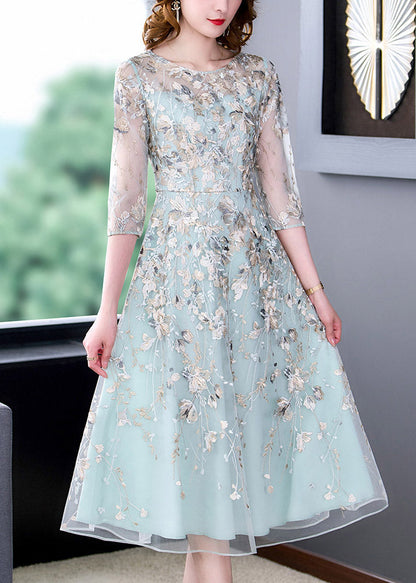 Water Blue O-neck Embroidered Tunic Organza Long Dress Half Sleeve