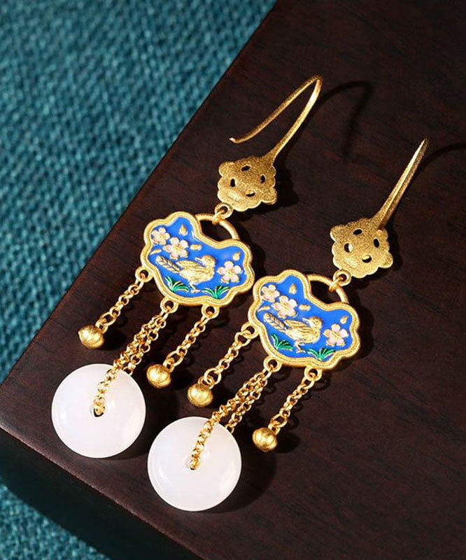 White Ancient Gold Jade Ping Buckle Birds Drop Earrings