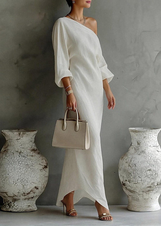 White Asymmetrical One Shoulder Maxi Dresses Fall