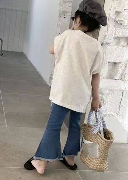 White Asymmetrical Patchwork T Shirts and Denim Pants Two Piece Set Short Sleeve