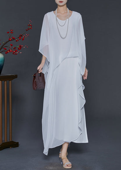 White Cold Shoulder Asymmetrical Design Chiffon Vacation Dresses Summer