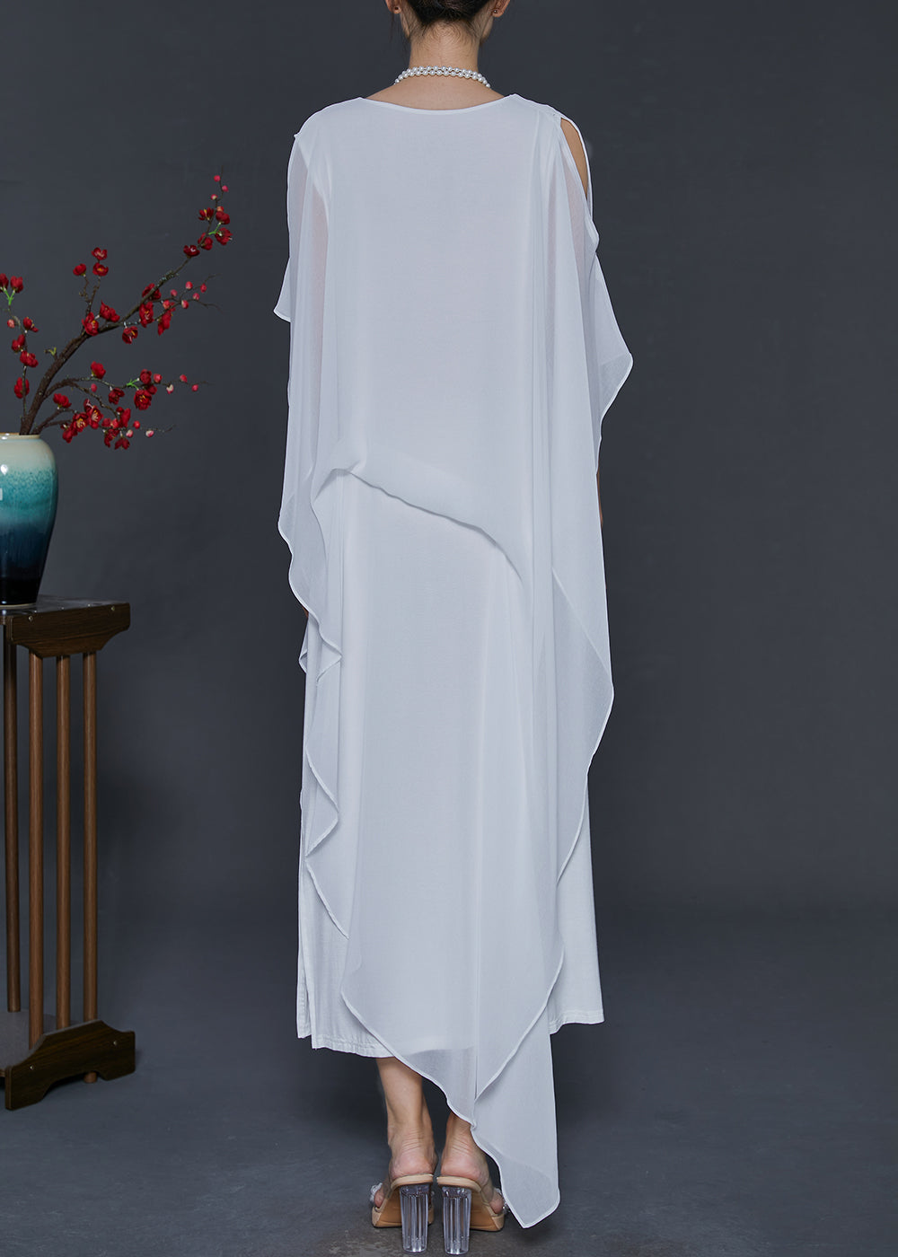 White Cold Shoulder Asymmetrical Design Chiffon Vacation Dresses Summer