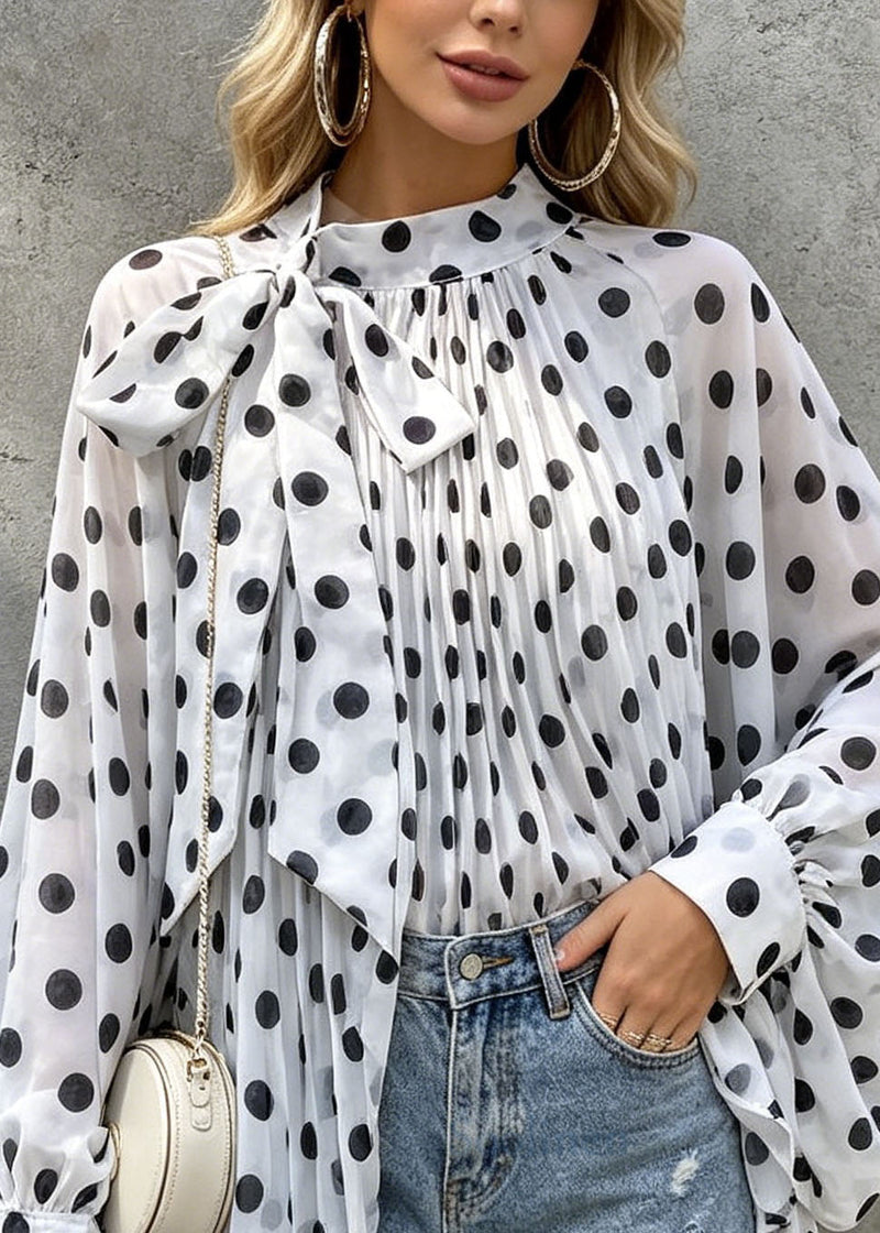 White Dot Print Bow Chiffon Tops Batwing Sleeve