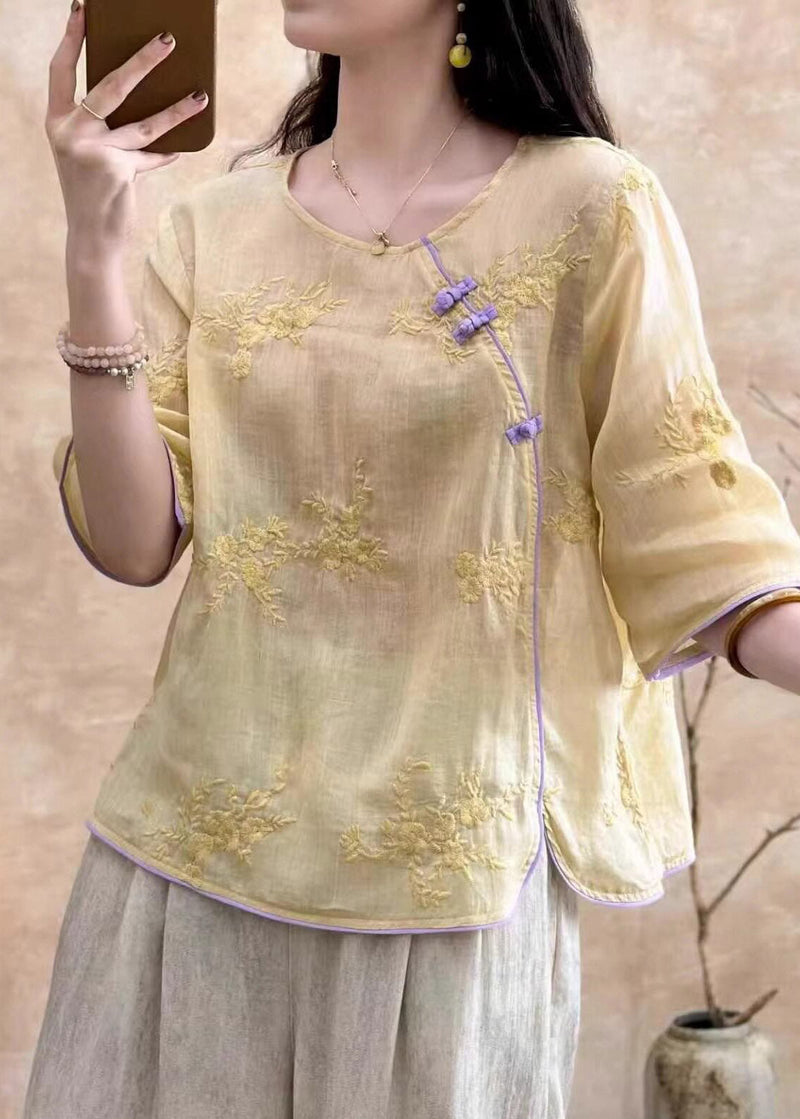 White Embroidered Button Linen Tops Summer