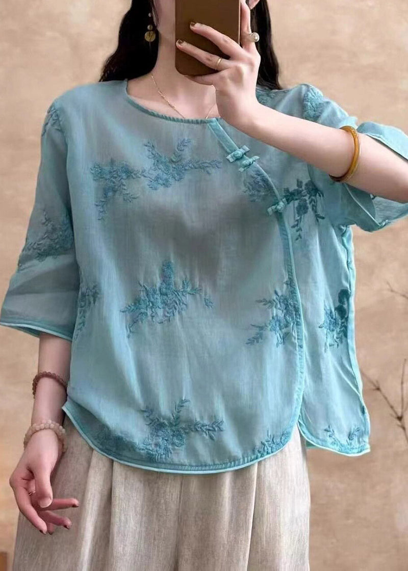 White Embroidered Button Linen Tops Summer