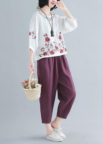 White Embroideried Shirt Summer Cotton Linen