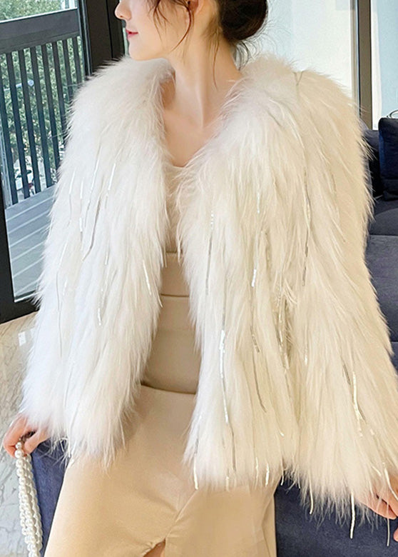 White Fox Collar Tassel Leather and Fur Coats Winter