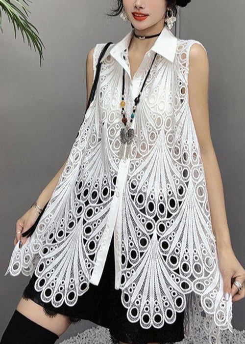 White Hollow Out Button Cotton Shirts Sleeveless