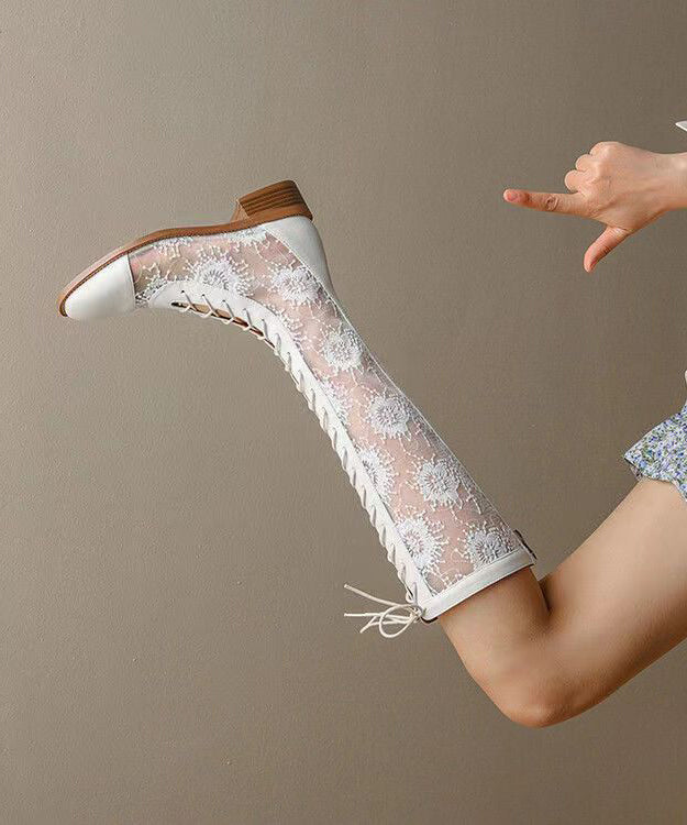 White Hollow Out Lace Up Chunky Boots