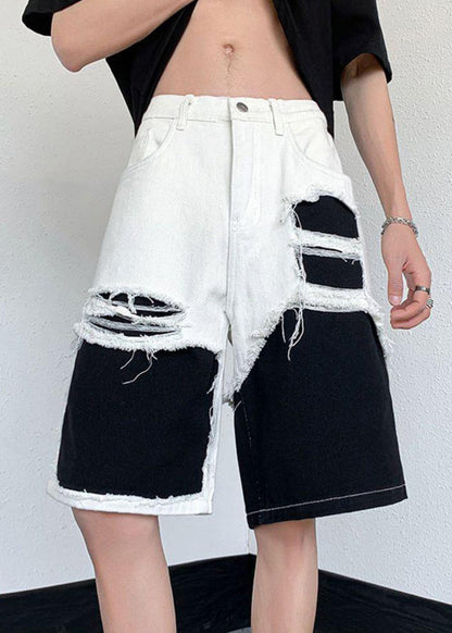 White Hollow Out Pockets Patchwork Denim Shorts Summer