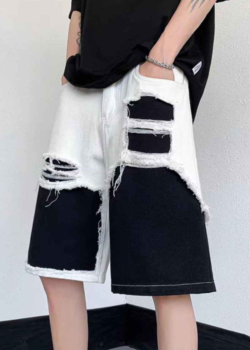 White Hollow Out Pockets Patchwork Denim Shorts Summer