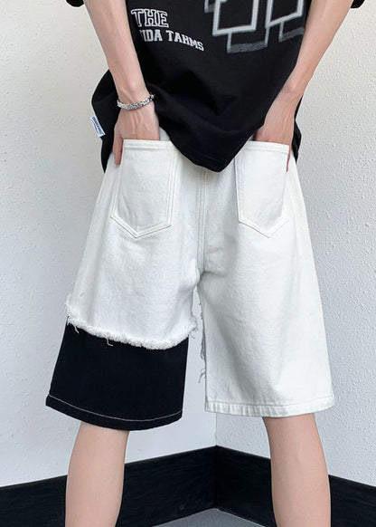 White Hollow Out Pockets Patchwork Denim Shorts Summer