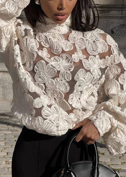 Chic White Notched Floral Lace Top Lantern Sleeve