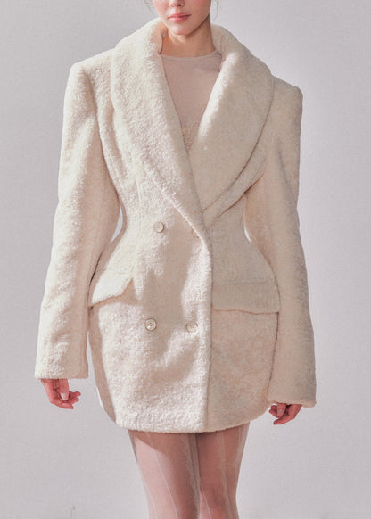 White Notched Patchwork Button Faux Fur Coats Winter