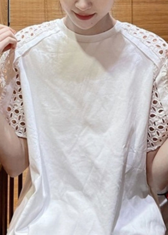 White O-neck Hollow Out T Shirt Short Sleeve